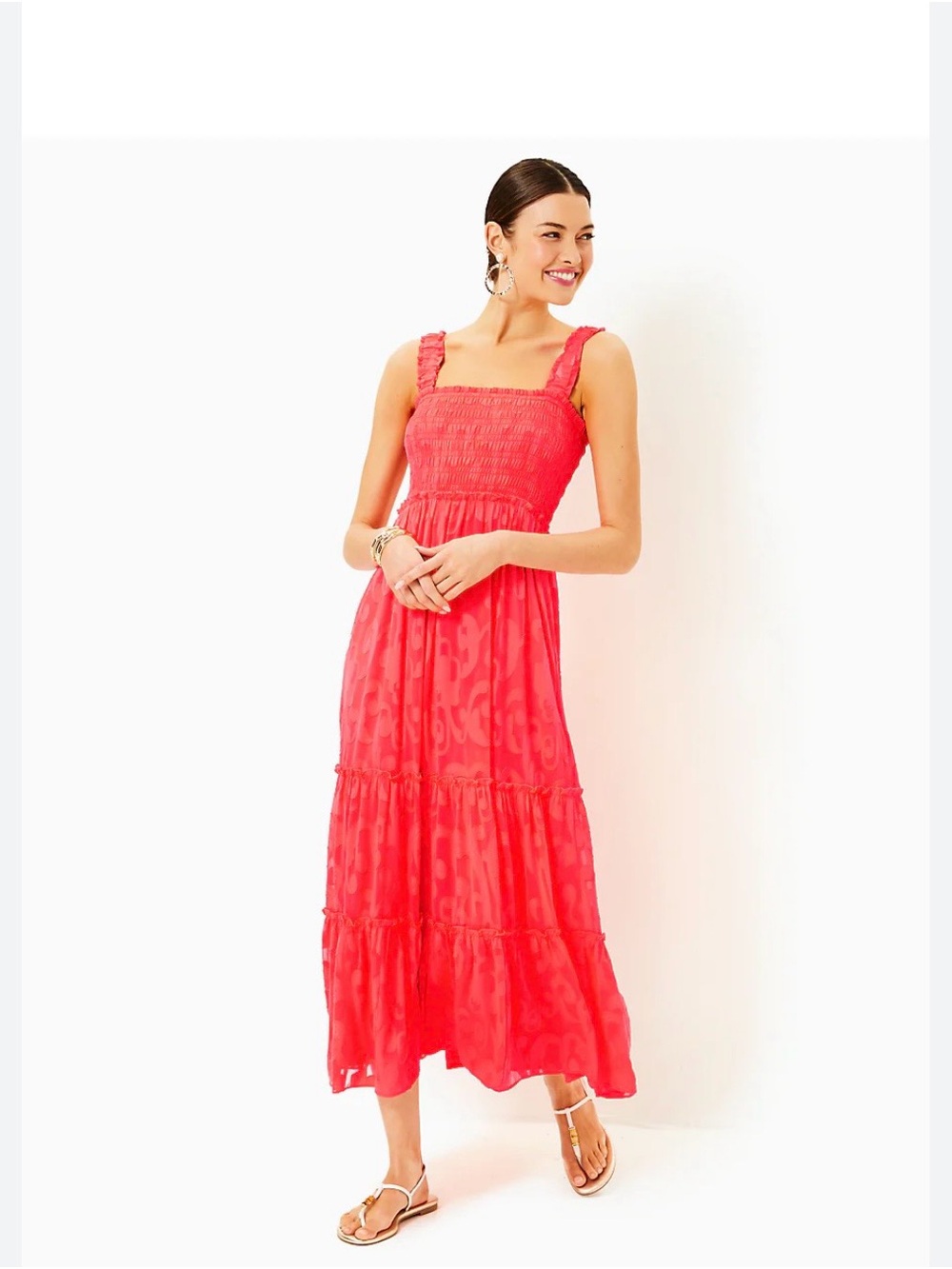 NWT Lilly Pulitzer Hadly Smocked Square-Neck Maxi Dress in Mizner Red